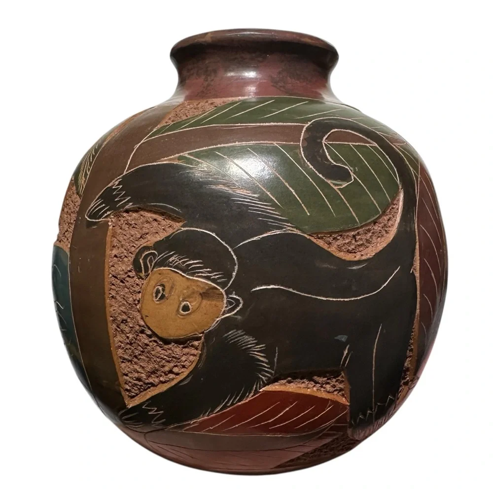 Nicaraguan Art Pottery Vase Hand Carved Monkey Butterfly